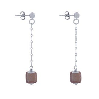 Boucles d'Oreilles Chainette Laiton Argenté et Cube en Céramique