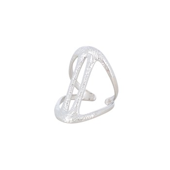 Bague ajustable en acier argenté composée de formes géométriques ajourées et texturées