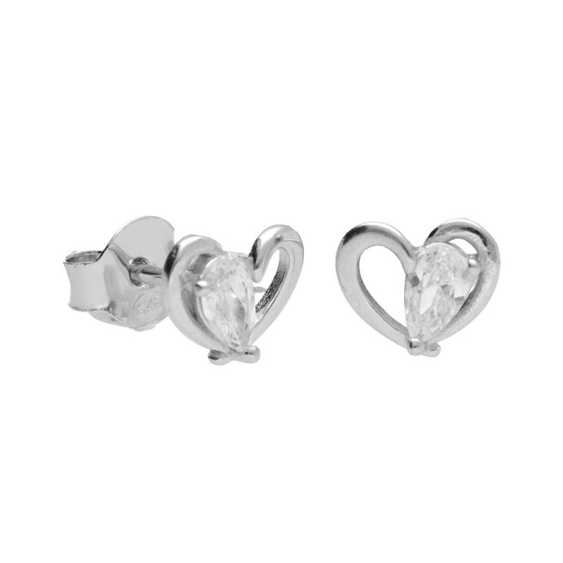 Boucles d'Oreilles Argent 925/000 Rhodié - Coeur Serti d'un Zirconium