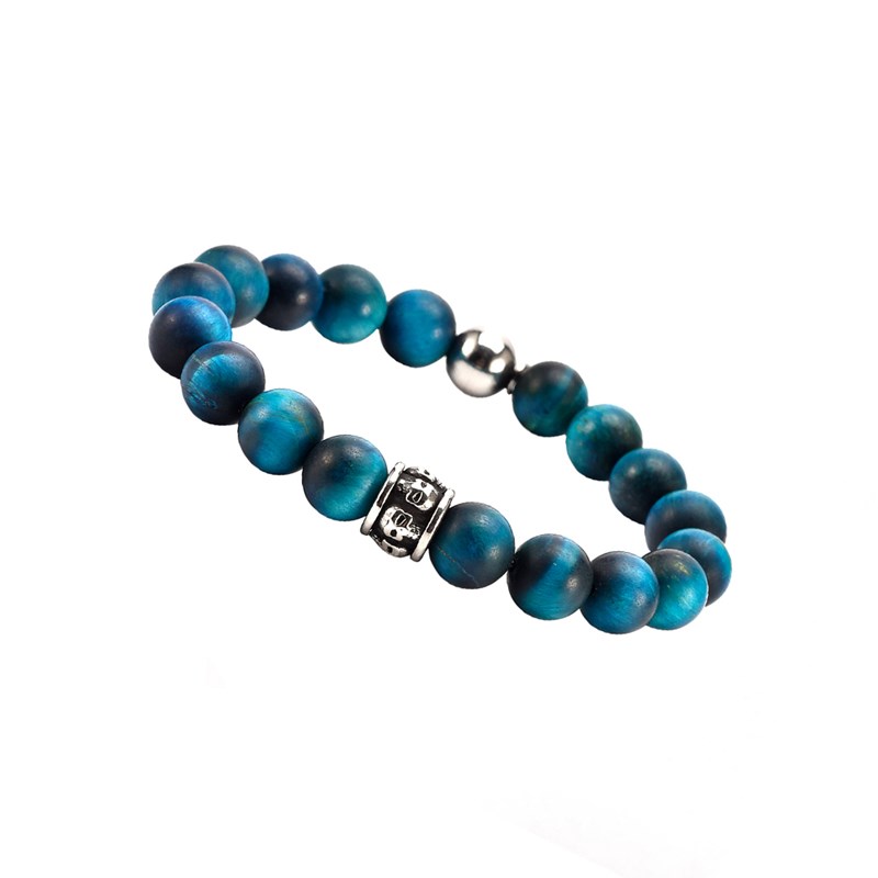 Bracelet Grosses Perles Pierres Naturelles oeil De Tigre Bleu Tête De Mort