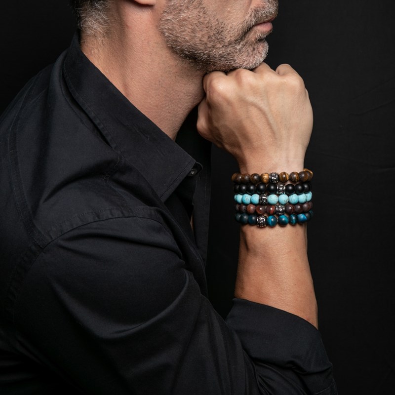 Bracelet Grosses Perles Pierres Naturelles oeil De Tigre Bleu Tête De Mort - vue 2