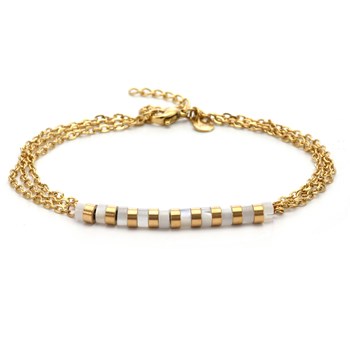 Sixty Stones - 60 - Triple Gold Chain Anklet With White Heishi Stone - 25 X 0,4 Cm