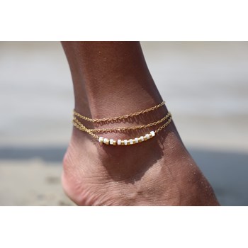 Sixty Stones - 60 - Triple Gold Chain Anklet With White Heishi Stone - 25 X 0,4 Cm