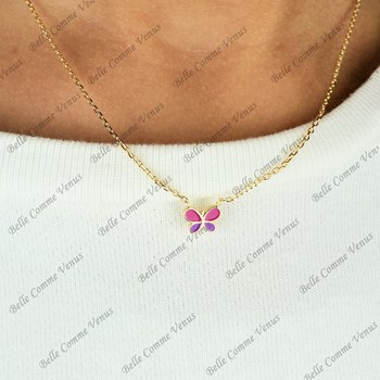 Collier papillon émail coloré rose et violet Plaqué OR 750 3 microns