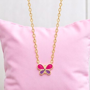Collier papillon émail coloré rose et violet Plaqué OR 750 3 microns