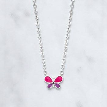 Collier papillon émail coloré rose et violet Argent 925 Rhodié