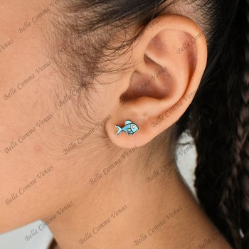 Boucles d'oreilles poisson émail coloré bleu Argent 925 Rhodié