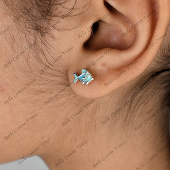 Boucles d'oreilles poisson émail coloré bleu Argent 925 Rhodié