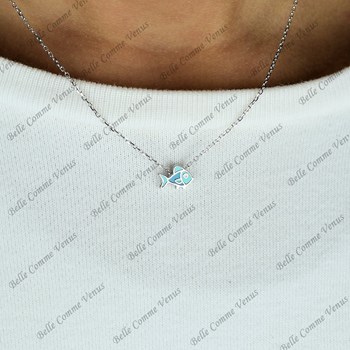 Collier poisson émail coloré bleu Argent 925 Rhodié