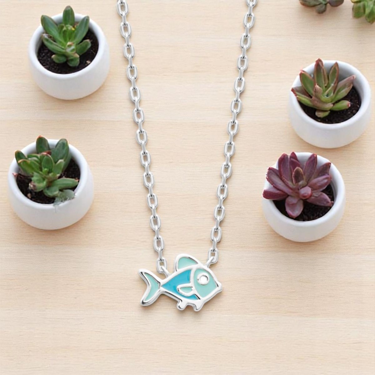 Collier poisson émail coloré bleu Argent 925 Rhodié - vue 4