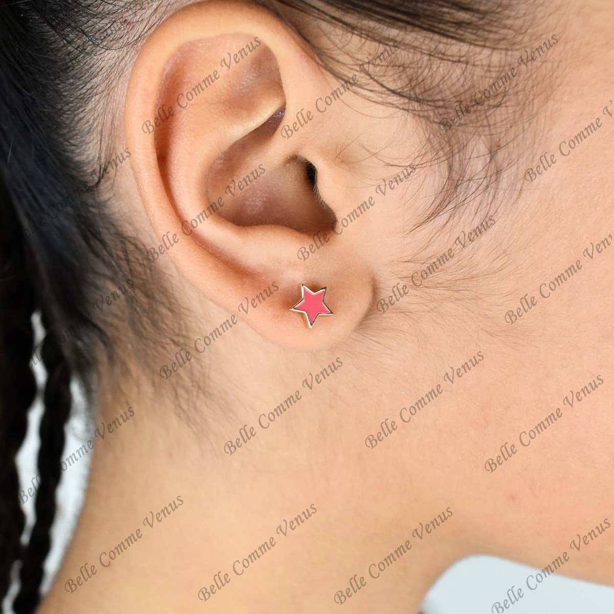 Boucles d'oreilles étoile émail coloré rose Plaqué OR 750 3 microns - vue 3