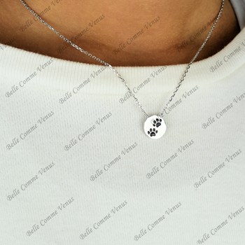 Collier patte de chien chat coussinet émail coloré noir Argent 925 Rhodié