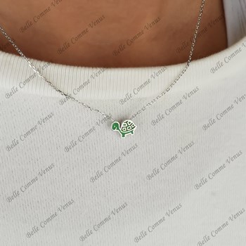 Collier tortue émail coloré vert Argent 925 Rhodié