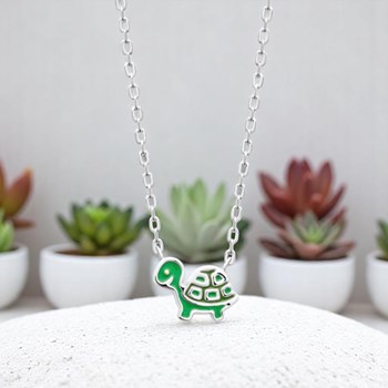 Collier tortue émail coloré vert Argent 925 Rhodié