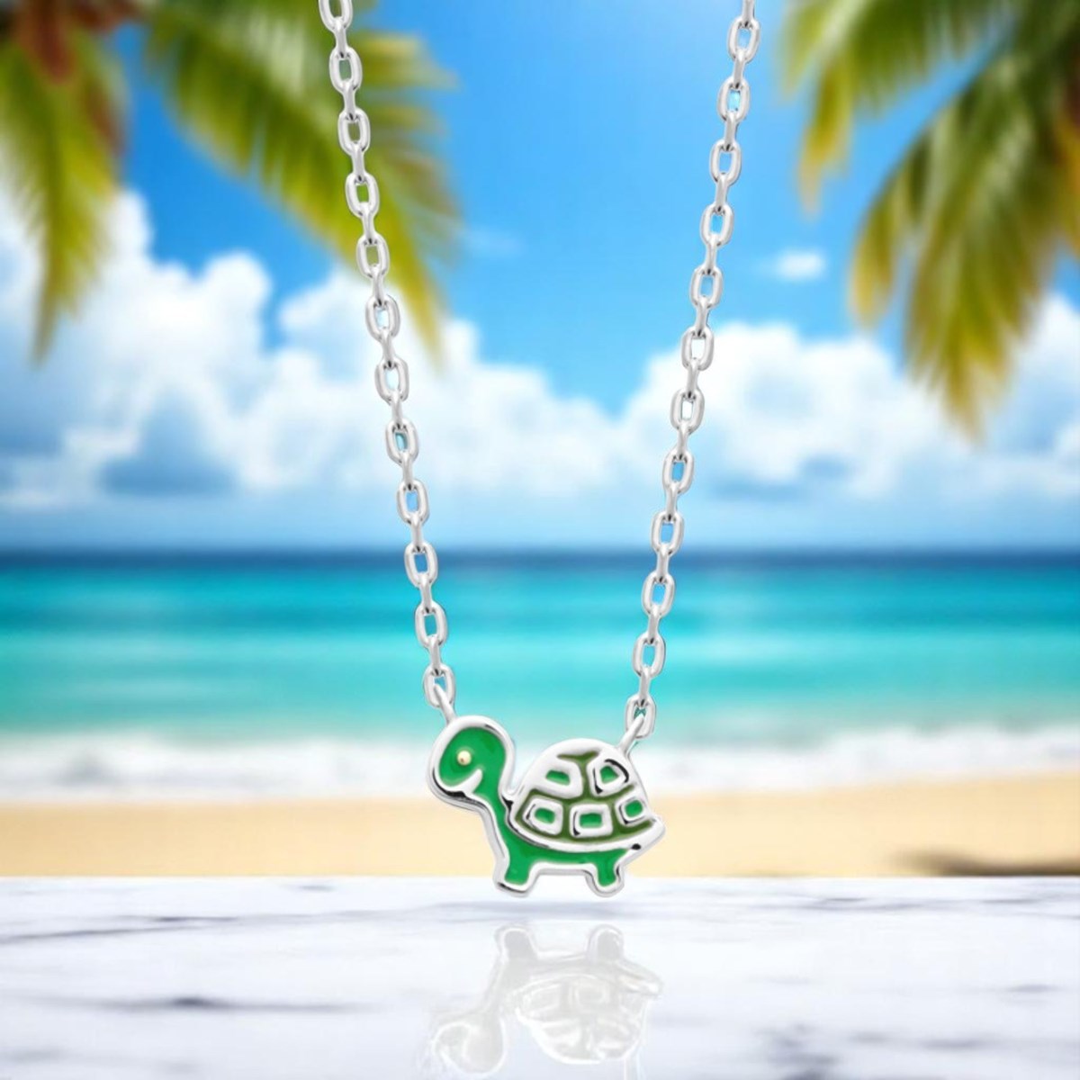 Collier tortue émail coloré vert Argent 925 Rhodié - vue 4