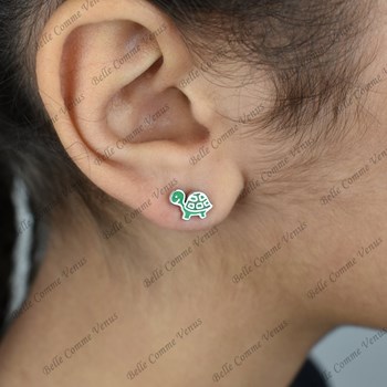 Boucles d'oreilles tortue émail coloré vert Argent 925 Rhodié