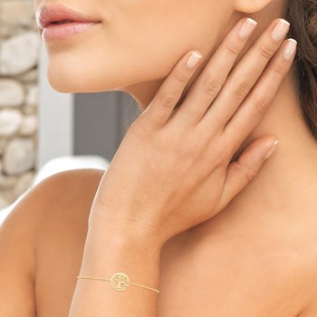 Bracelet arbre de vie à feuilles médaille ronde Plaqué OR 750 3 microns