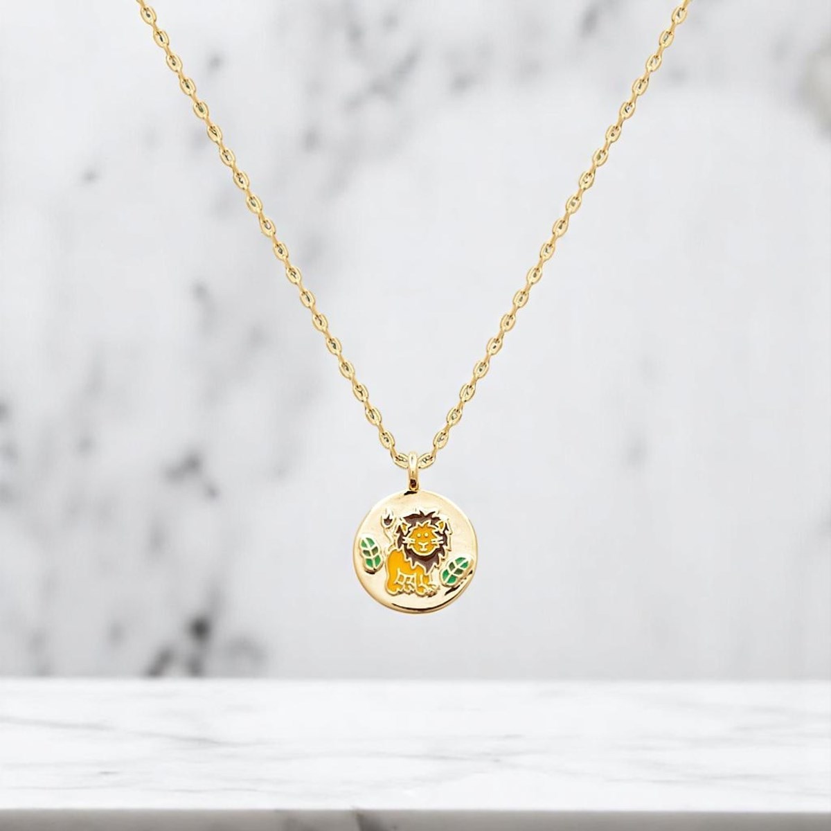 Collier lion et petites feuilles émail coloré Plaqué OR 750 3 microns - vue 4