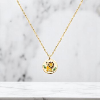 Collier lion et petites feuilles émail coloré Plaqué OR 750 3 microns