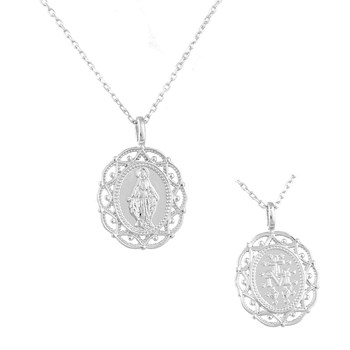 Collier médaille Vierge Miraculeuse contour ajouré motif arabesque Argent 925 Rhodié