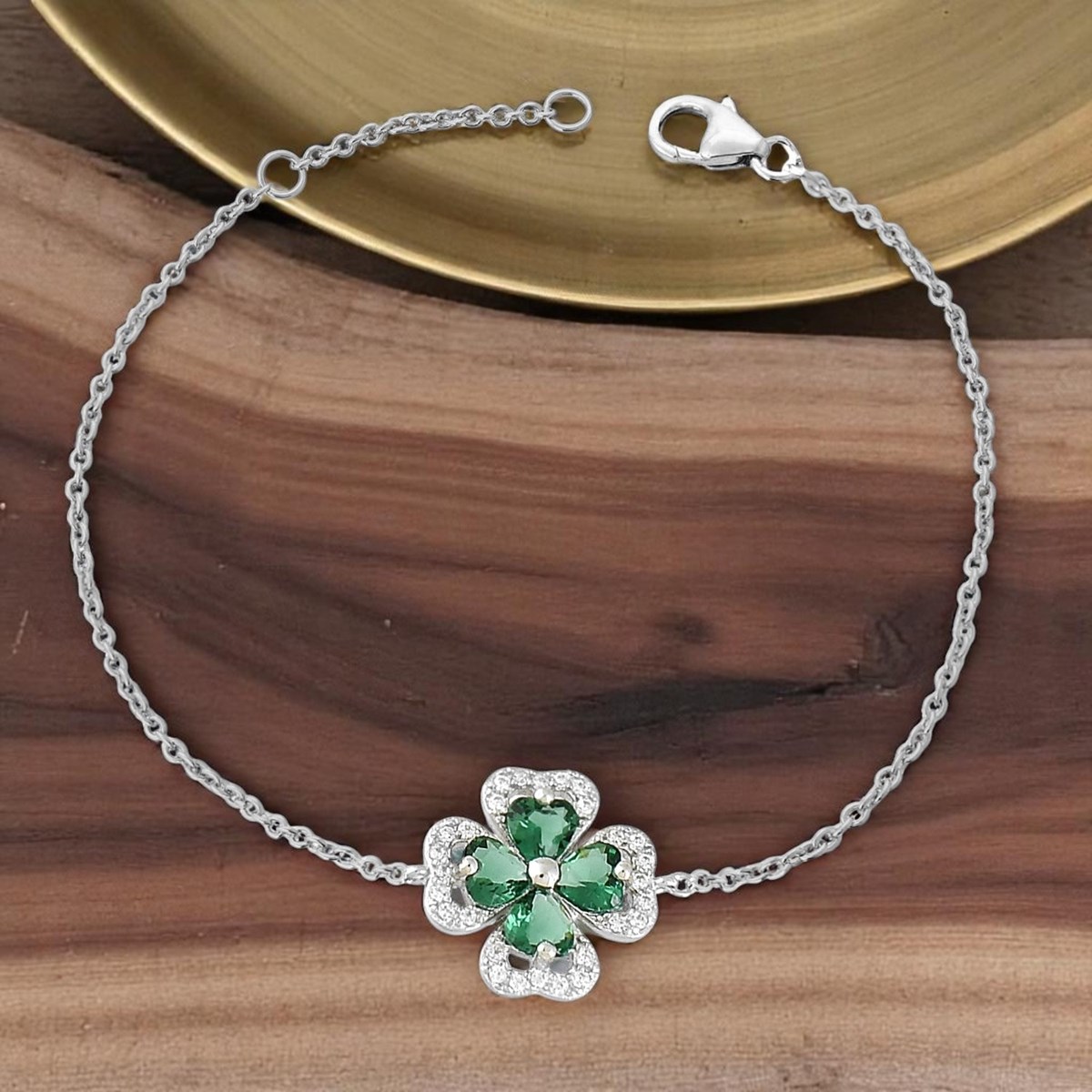 Bracelet trèfle de coeurs oxydes de zirconium verts Argent 925 Rhodié - vue 4
