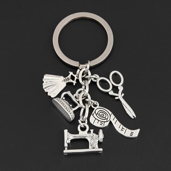 Key ring dressmaker sewing accessories clothing scissors ironing machine tape measure silver plated