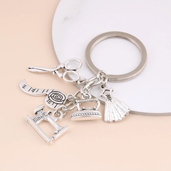 Key ring dressmaker sewing accessories clothing scissors ironing machine tape measure silver plated