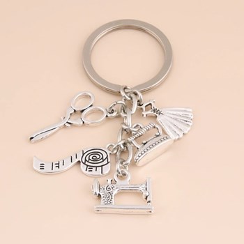 Key ring dressmaker sewing accessories clothing scissors ironing machine tape measure silver plated