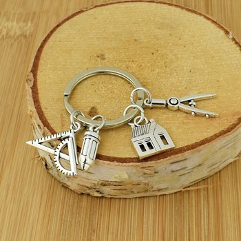 Teacher key ring architect builder developer geometry plan drawing silver