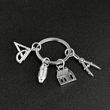 Teacher key ring architect builder developer geometry plan drawing silver