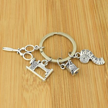 Keyring dressmaker sewing accessories clothing scissors spool thread needle machine tape measure silver plated