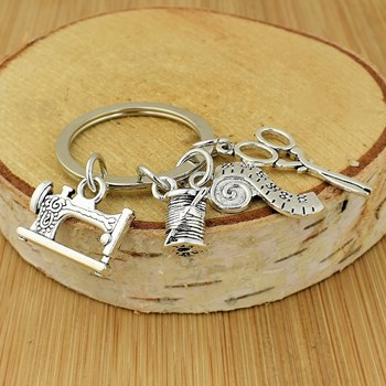 Keyring dressmaker sewing accessories clothing scissors spool thread needle machine tape measure silver plated