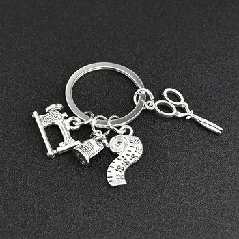 Keyring dressmaker sewing accessories clothing scissors spool thread needle machine tape measure silver plated