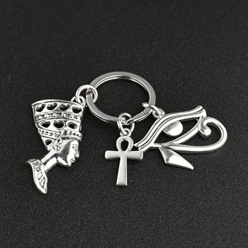 Keyring eye of Horus Egyptian Udjat ânkh annealed cross Nefertiti queen of Egypt silver plated