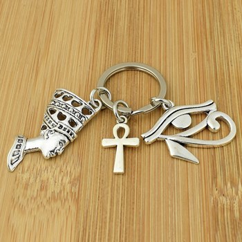 Keyring eye of Horus Egyptian Udjat ânkh annealed cross Nefertiti queen of Egypt silver plated