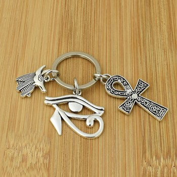 Keyring eye of Horus Egyptian Udjat ânkh annealed cross Egyptian hieroglyphs Anubis silver plated