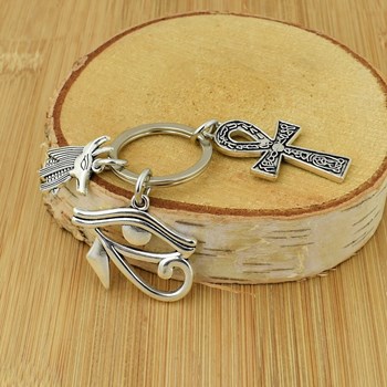 Keyring eye of Horus Egyptian Udjat ânkh annealed cross Egyptian hieroglyphs Anubis silver plated