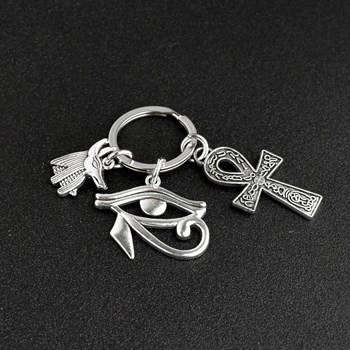 Keyring eye of Horus Egyptian Udjat ânkh annealed cross Egyptian hieroglyphs Anubis silver plated