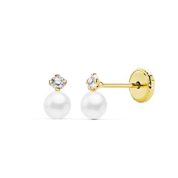 Boucles d'Oreilles Or 18 Carats 750/000 Jaune - Perles de Culture et Zirconiums