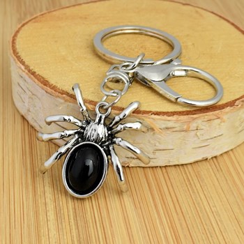 Black pearl spider keyring with carabiner and silver ring
