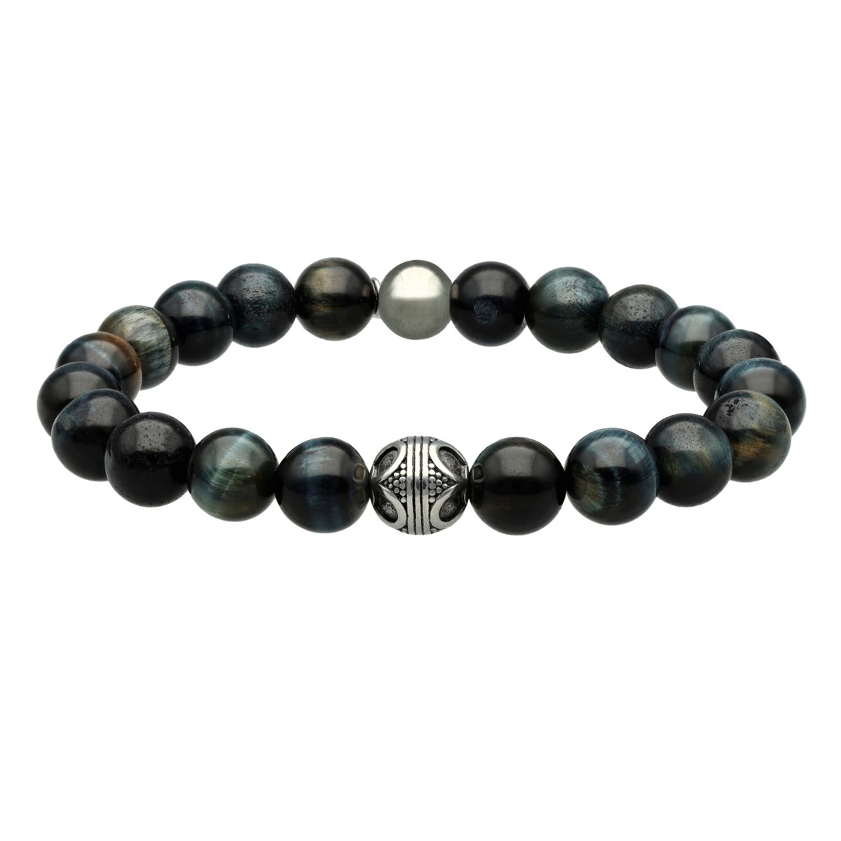 Bracelet Acier Pierres Naturelles Perles Rondes Oeil De Tigre Bleu Et Agate Noir