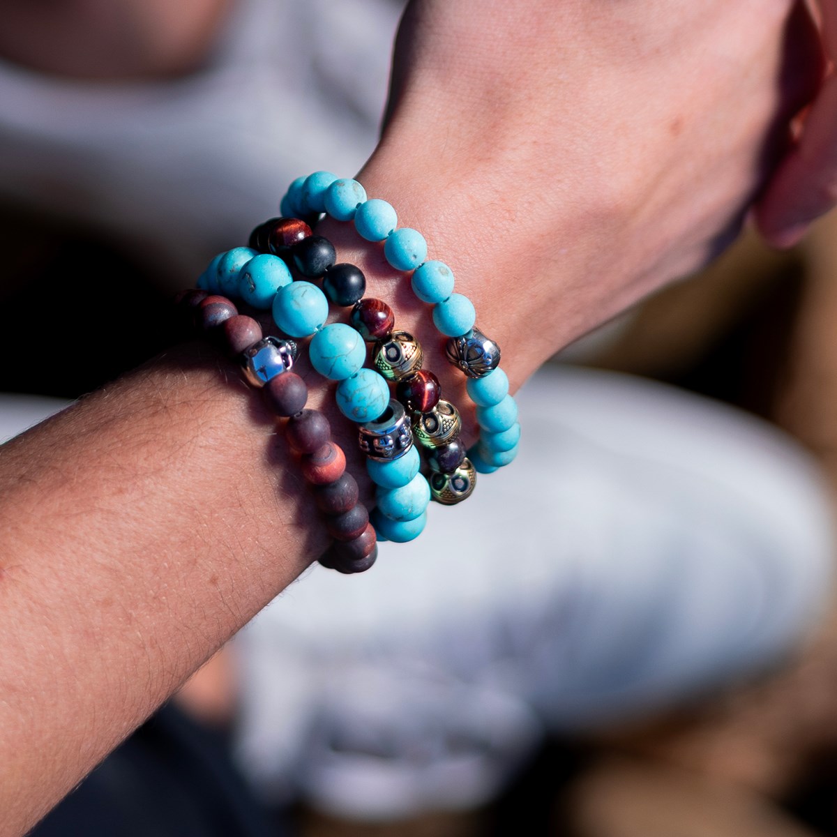 Bracelet Acier Pierres Naturelles Perles Rondes Oeil De Tigre Bleu Et Agate Noir - vue 2