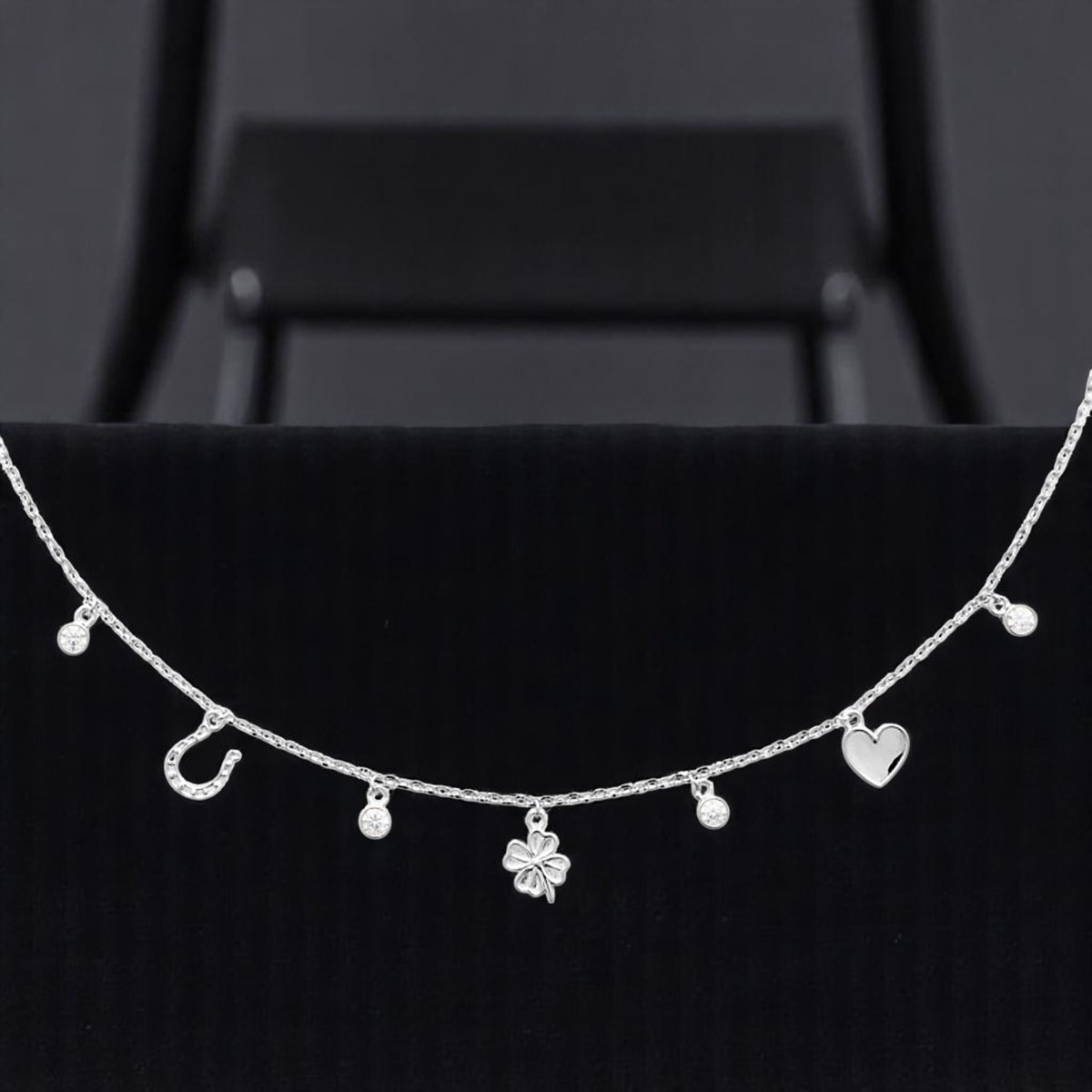 Collier porte bonheur chance coeur trèfle fer à cheval et oxydes de zirconiums Argent 925 Rhodié - vue 4