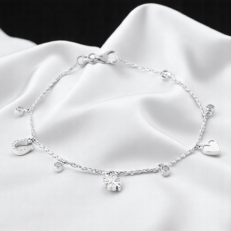 Bracelet porte bonheur chance coeur trèfle fer à cheval et oxydes de zirconiums Argent 925 Rhodié - vue 4