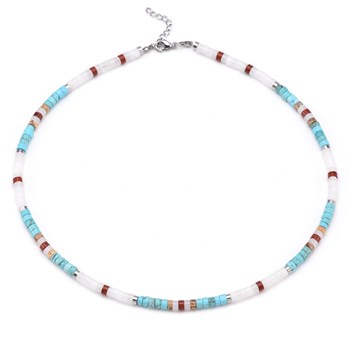 Collier Perles Heishi Turquoise Jaspe Rouge Paysage Et Blanc