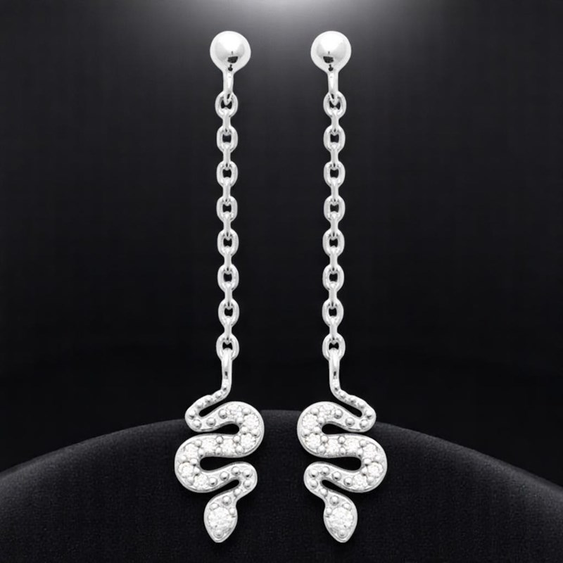 Boucles d'oreilles animal serpent serti d'oxydes de zirconiums avec chainette Argent 925 Rhodié - vue 4
