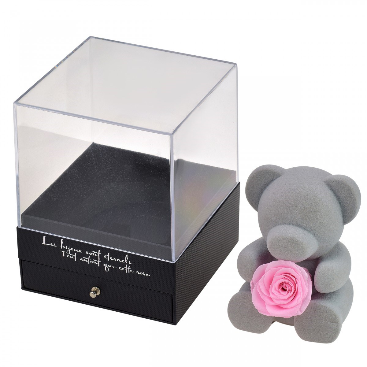 Boite à bijoux ourson décorée d'une rose éternelle - stabilisée rose - vue 2