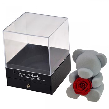 Teddy bear jewelry box decorated with an eternal rose - stabilized red