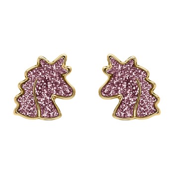 Puces d'oreilles Brillaxis tête de licorne rose
or jaune 9 carats