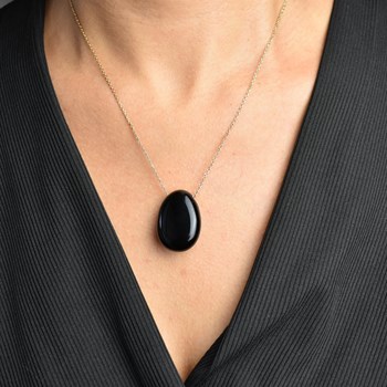 Necklace natural stone black obsidian GOLD plated 750 3 microns